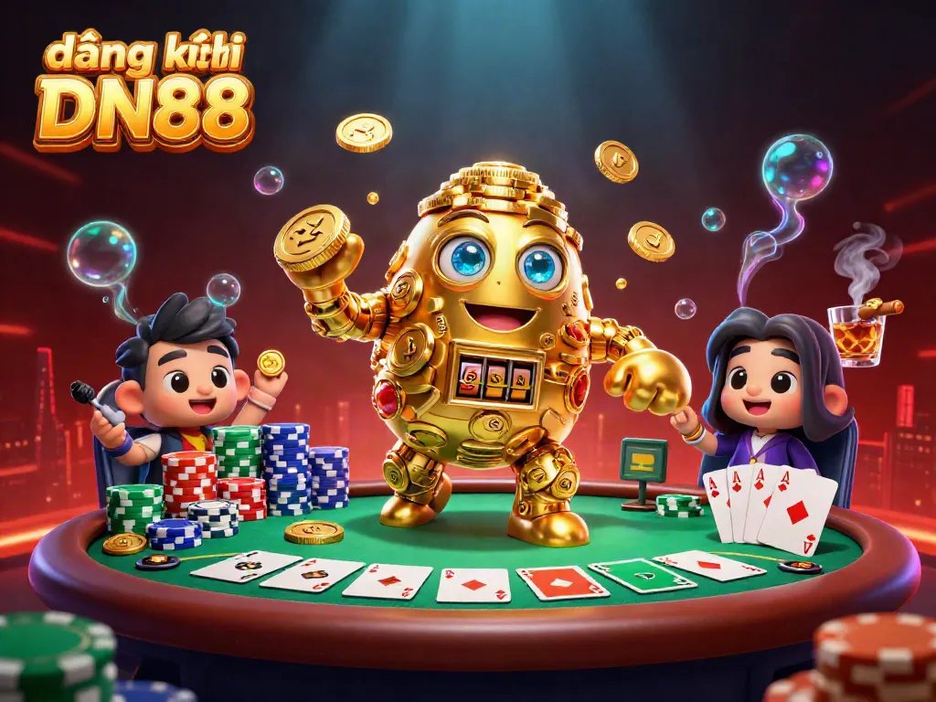 Engage with the vibrant scene of đăng ký DN88 featuring a golden golem surrounded by poker elements.