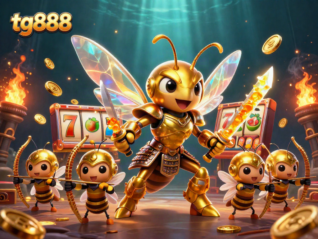 Experience thrilling slots at tg888 with vibrant fruit symbols and golden hornet warriors.