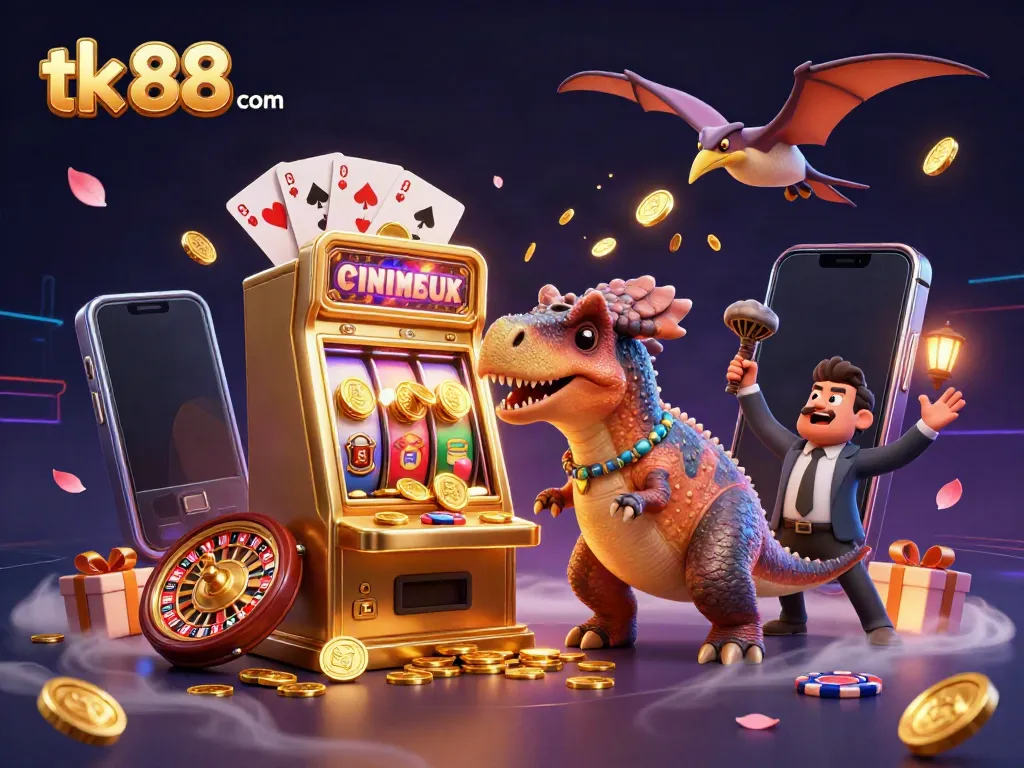Join the action with tk 88 com as animated dinosaurs interact with a golden slot machine and coins.