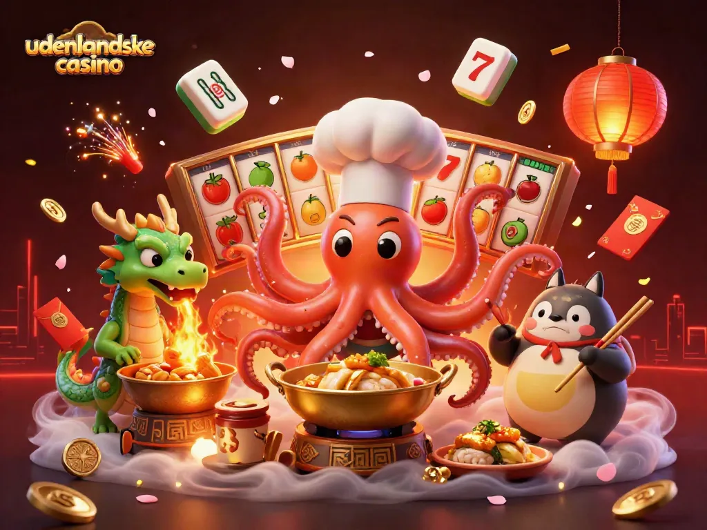 Engaging depiction of udenlandske casino elements with a playful octopus chef, vibrant visuals, and slotted games for players.