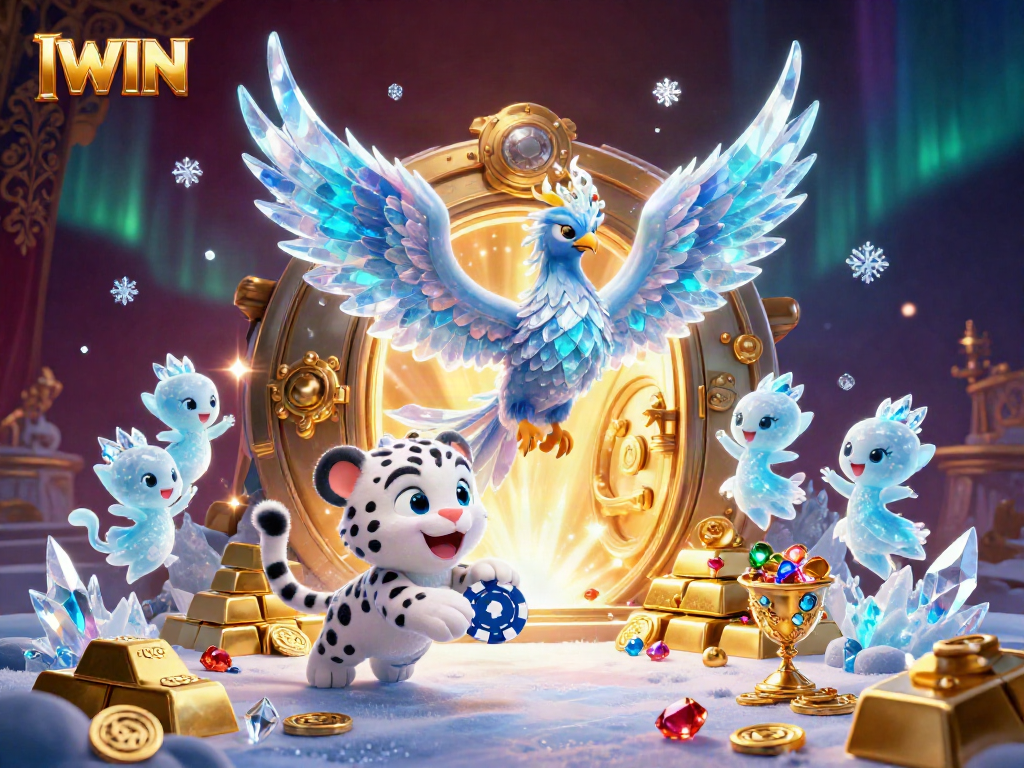IWIN the thrill of winning in a dynamic casino scene featuring ice phoenix and glowing sprites.