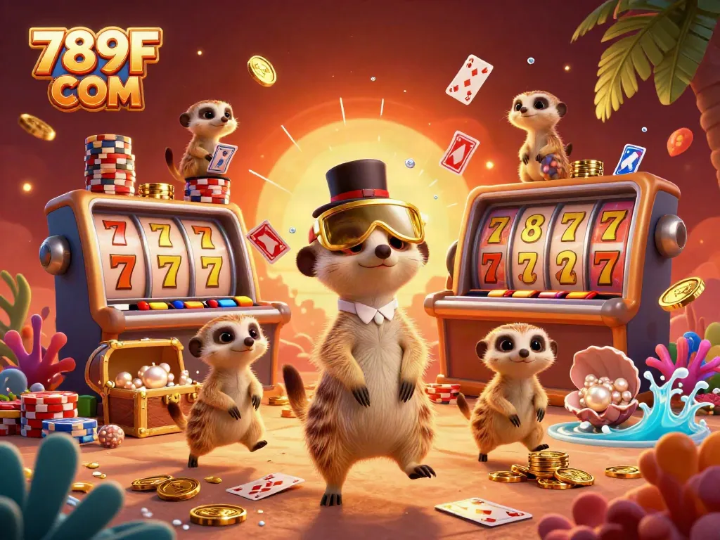 Meerkats running a casino operation, showcasing the vibrant and dynamic gambling activities of 789F COM.