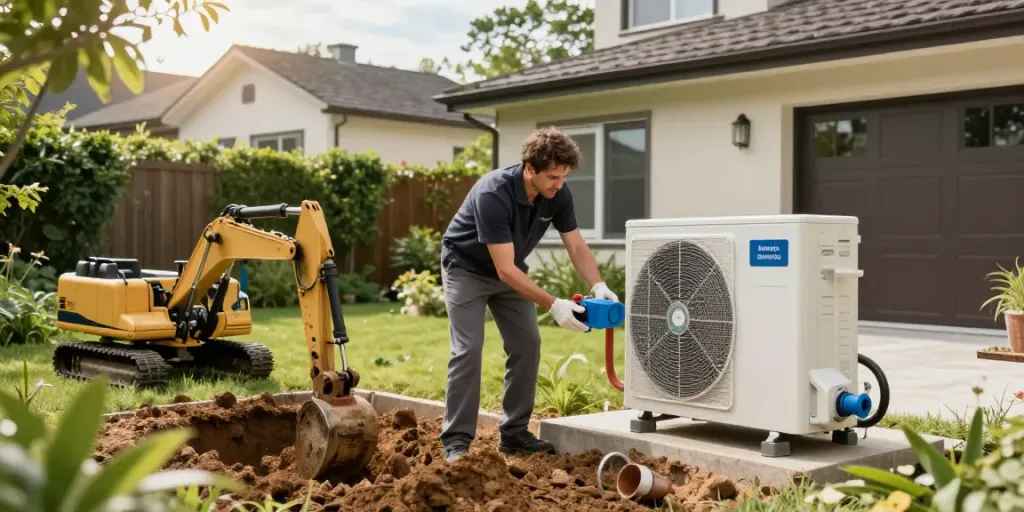 Geothermie Kosten: Techniker überprüft eine Erdwärmepumpe in einem Garten.