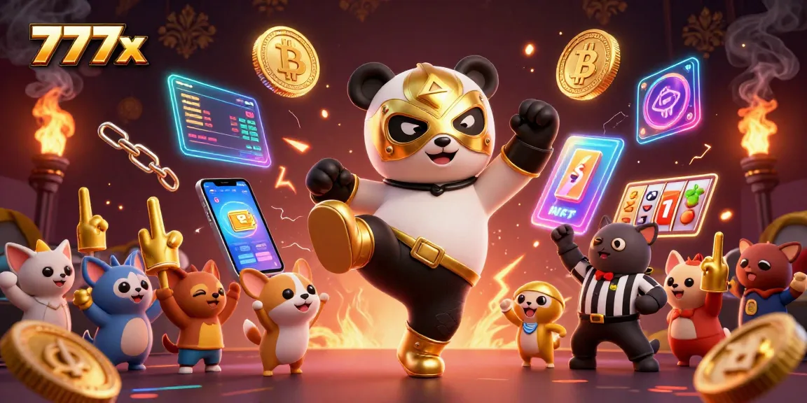 Experience the thrill of 777x with a 3D panda wrestler kicking through crypto-themed excitement.