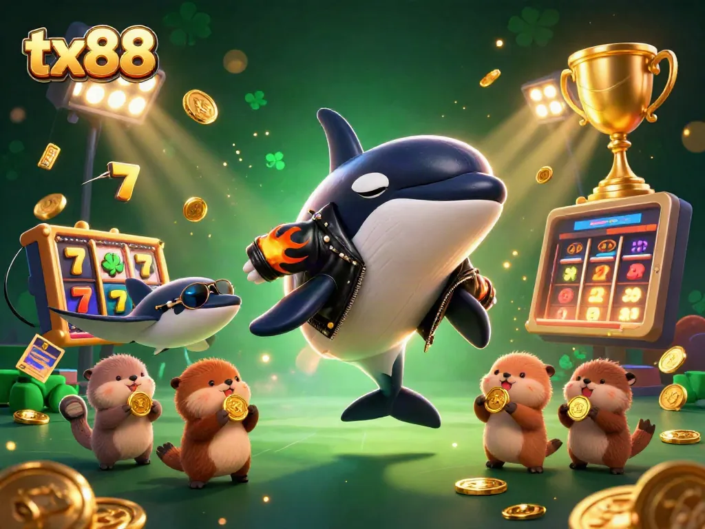Experience the thrill of tx88 with a dynamic casino scene featuring an orca in leather, sea creatures, and golden coins.