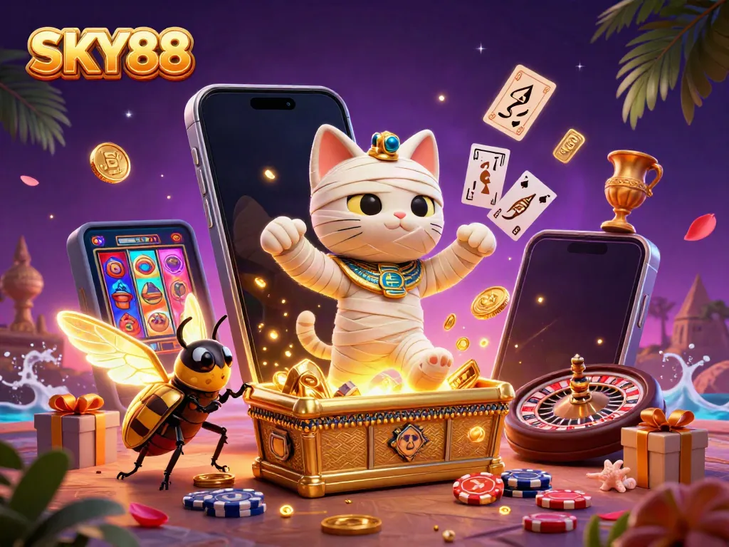Engage with thrilling slot games at SKY88 featuring a mummy cat and a beetle in dynamic casino setting.