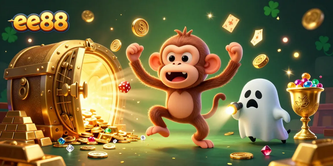 Engage with ee88's lively haunted casino scene featuring a playful poltergeist monkey and a ghost-hunter puppy tracking its golden treasures.