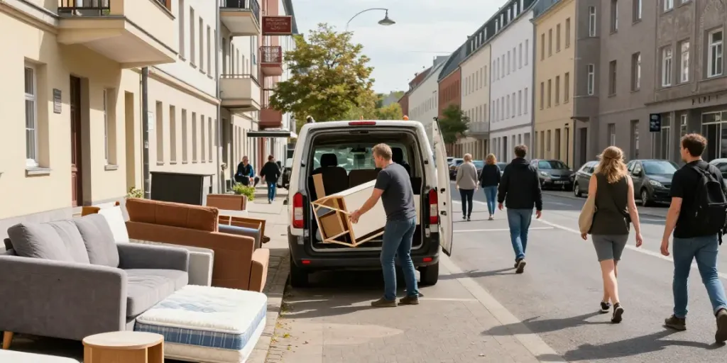 Sperrmüllabholung Berlin: Person lädt Möbel in ein Fahrzeug, lebhafte städtische Umgebung.