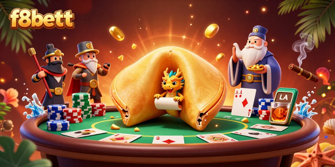 Bet big with f8bettt, featuring a golden fortune cookie, wise dragon, and poker elements.