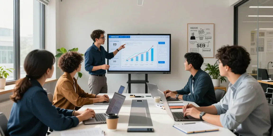 SEO Berater, der mit einem Team in einem modernen Büro berät, zeigt Datenanalyse und kollaborative Energie.