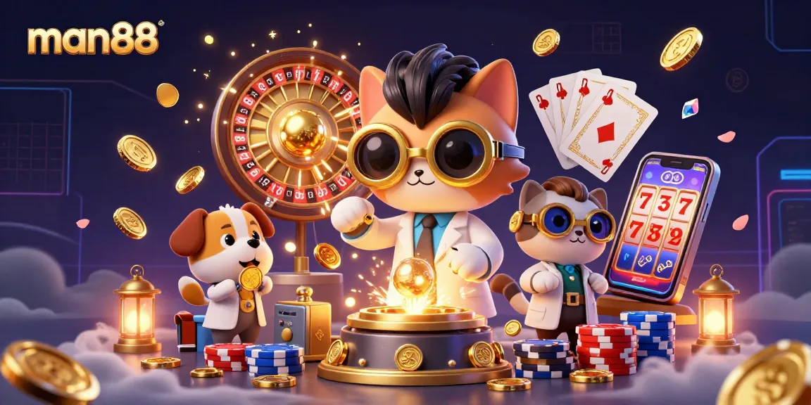 Experience thrilling excitement with man88, showcasing a 3D scientist cat in a vibrant casino scene.