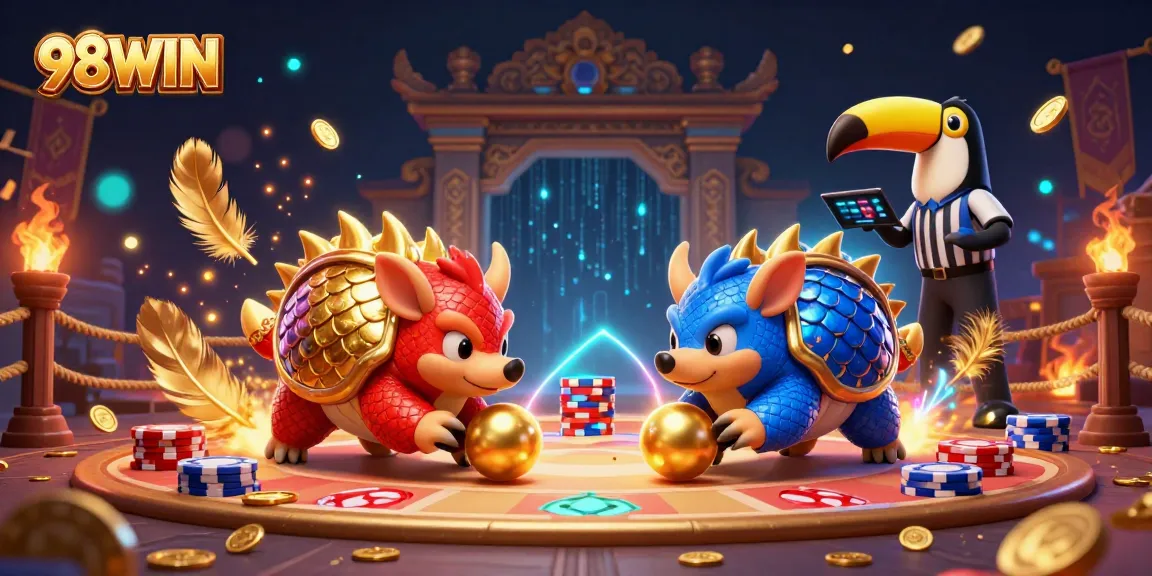 98WIN pangolins compete in a lively poker chip bowling match, showcasing dynamic gaming action.
