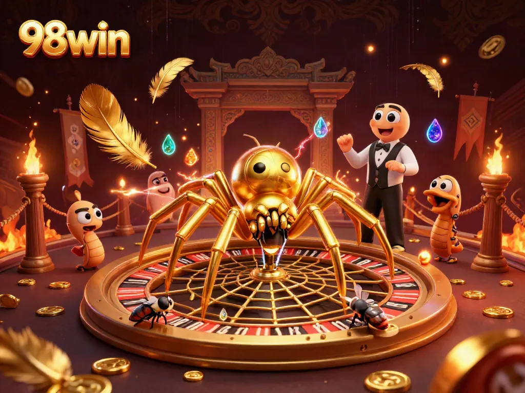 Experience thrilling bets at 98win's roulette wheel with a playful golden spider and vibrant casino elements.