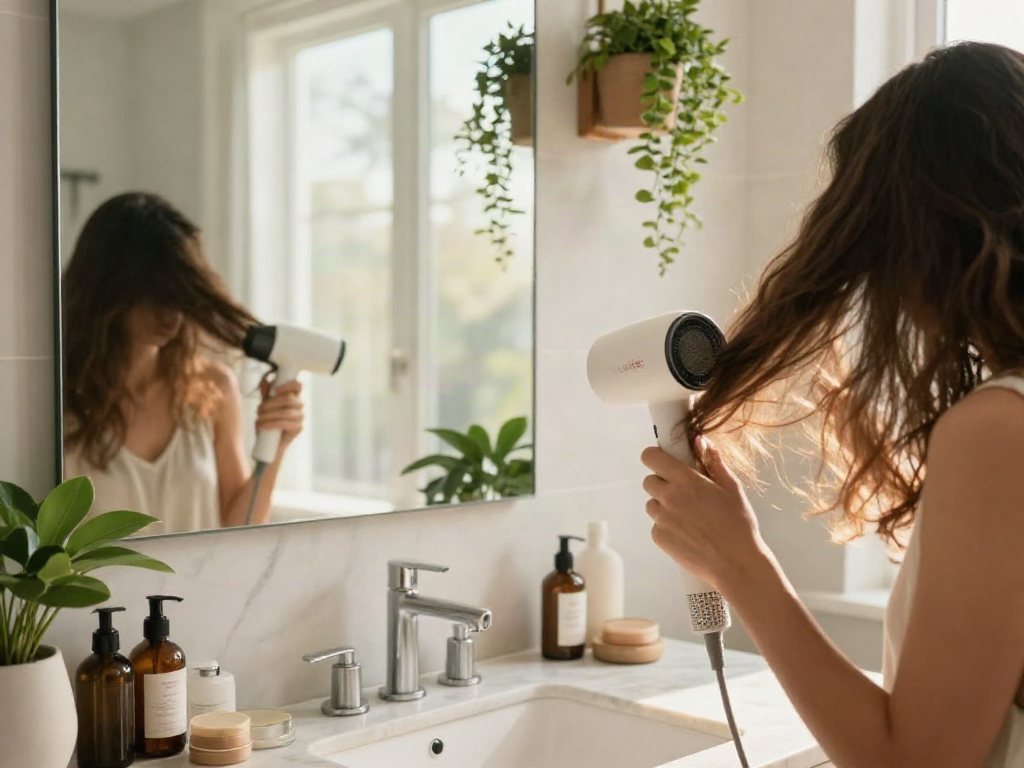 Die Laifen Haartrockner in stilvollem Badezimmer während des morgendlichen Lichts, elegantes Styling.