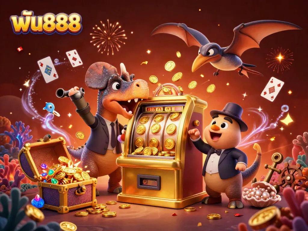 ฟัน888 celebrates wins with characters in a lively casino scene featuring a slot machine and golden coins.