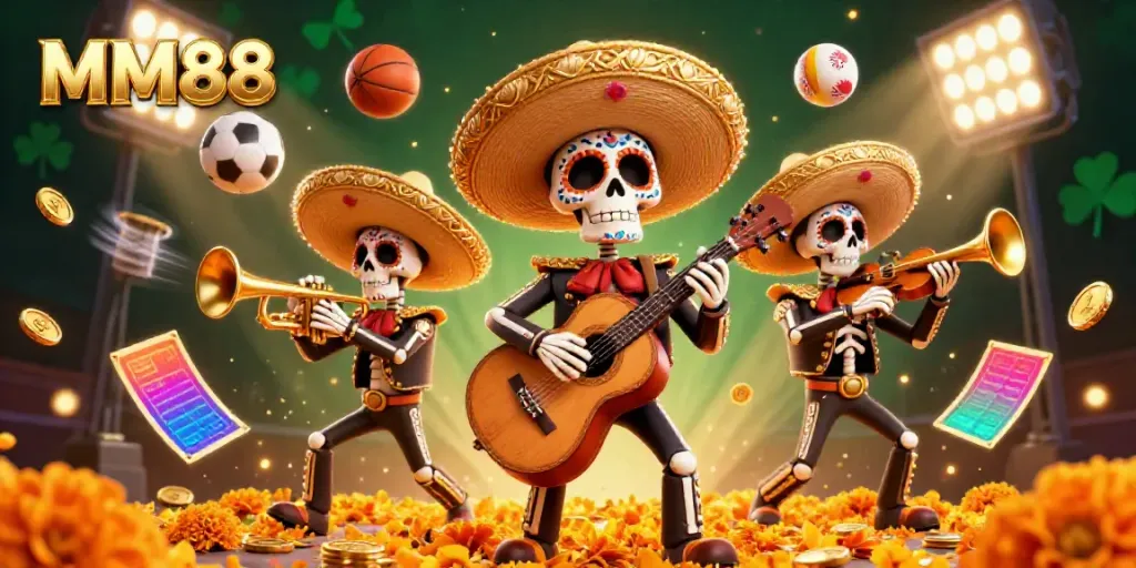 Bet on MM88's thrilling games with a vibrant mariachi band and dynamic gaming elements.