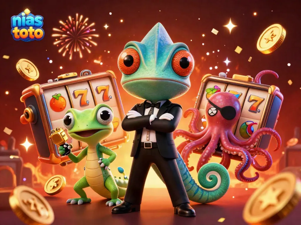 Gambarkan keseruan nias toto dengan karakter kartun kasino beraksi dengan simbol slot dan koin emas.