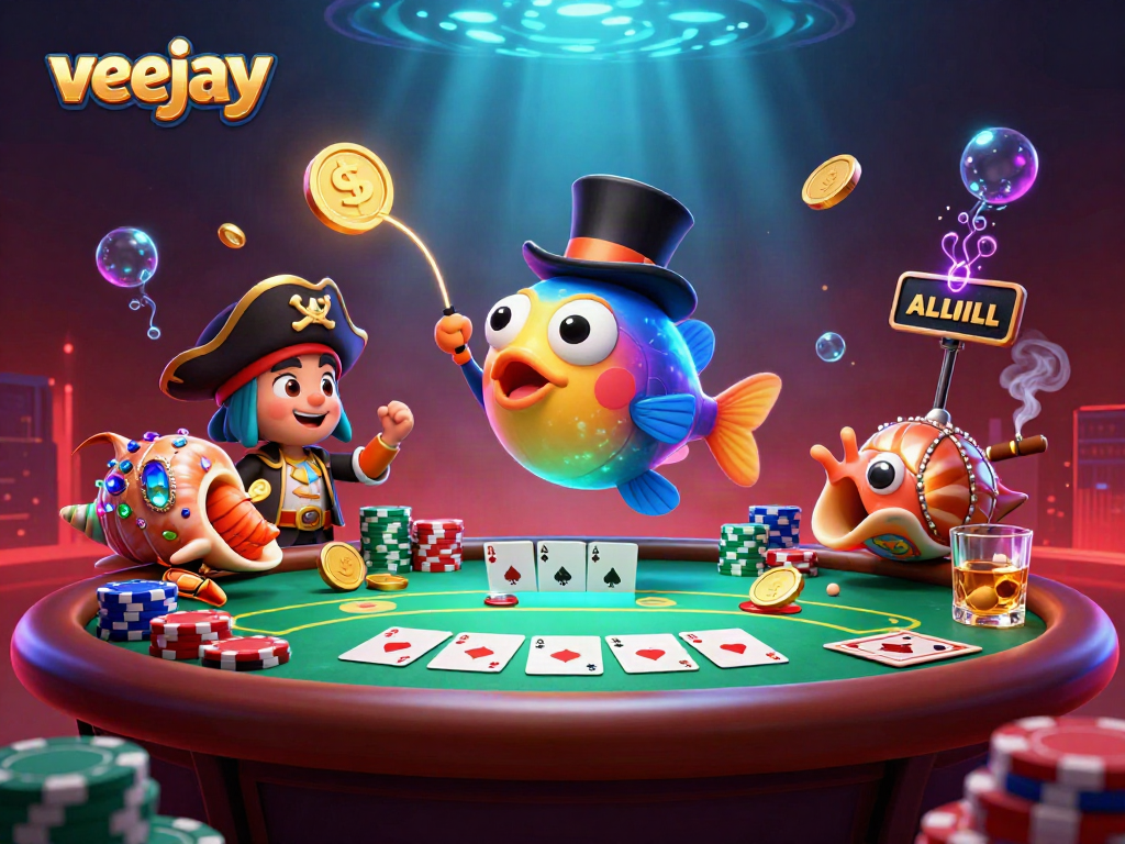 Veejay begeistert beim Poker mit Anglerfisch, Garnelenpirat und kostbarem Schneckenhaus.