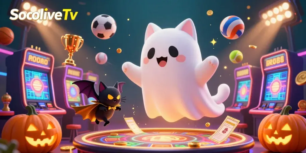 SocoliveTv enhances your gaming experience with a ghost cat and festive elements in a vibrant casino setting.