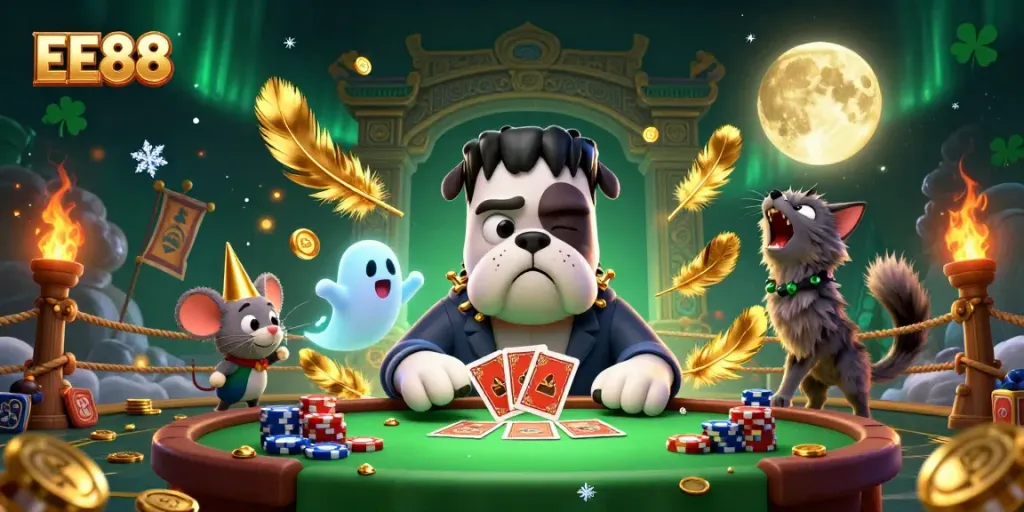 EE88 features a cartoon Frankenstein bulldog hosting a card game at a spooky table.