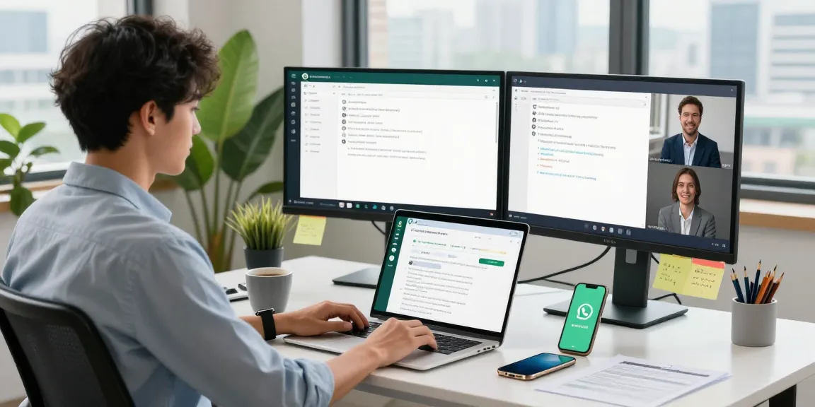 Professional using WhatsApp電腦版 in a modern workspace, showcasing productivity and digital communication.