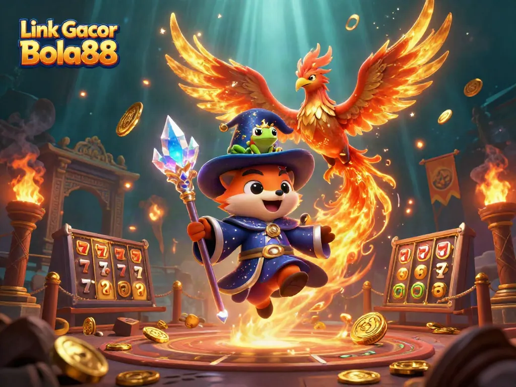 Experience the excitement of Link Gacor Bola88 with magical characters and slot gameplay visuals.