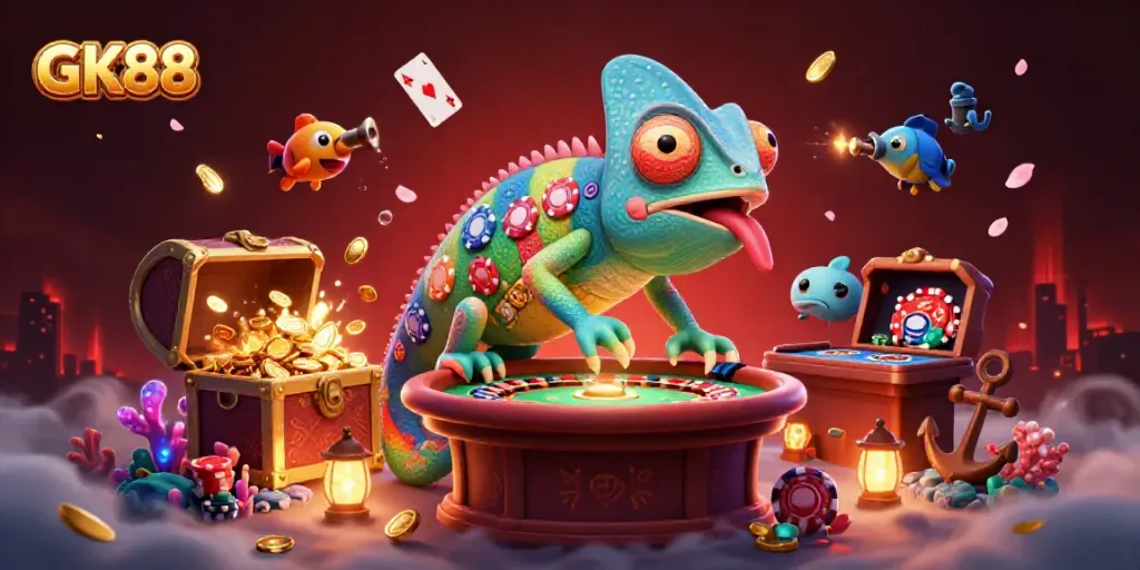 Experience thrilling gaming at GK88 with a vibrant chameleon casino owner surrounded by treasure, playing cards, and underwater wonders.