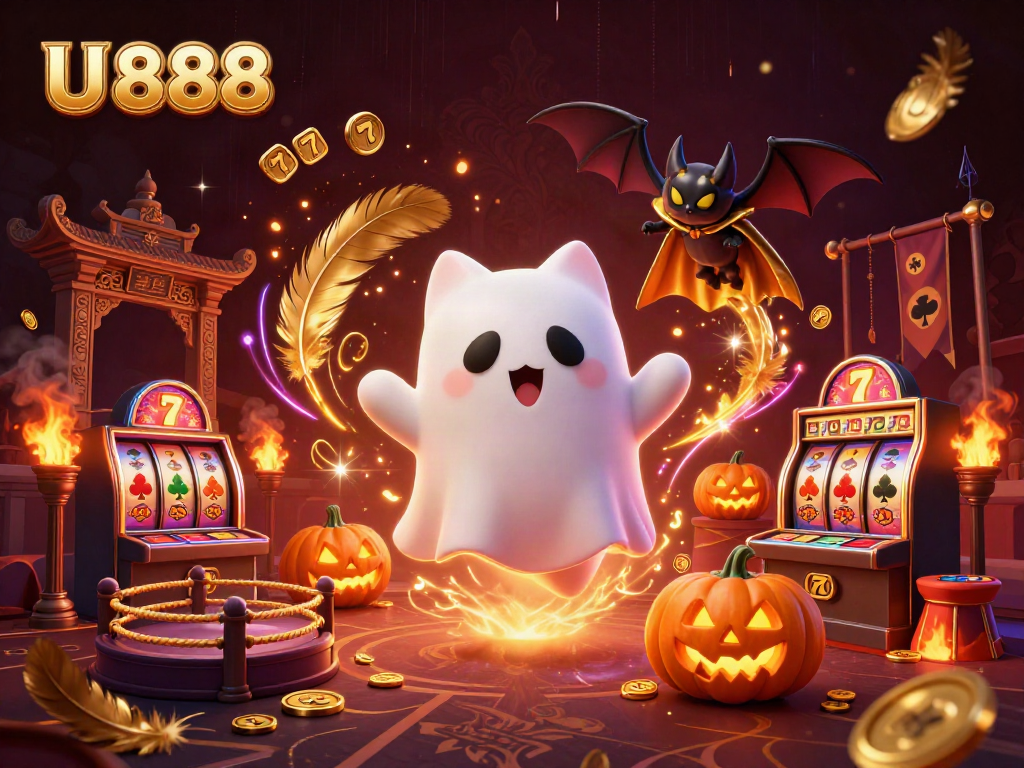 Engage with U 888 in a dynamic haunted casino scene filled with vibrant game elements.