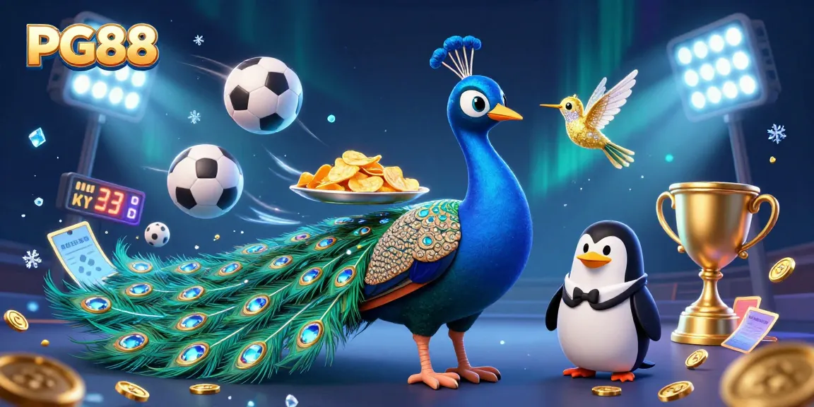 Experience exciting wins with PG88, featuring a vibrant peacock, penguin butler, and golden hummingbird in a dynamic casino scene.