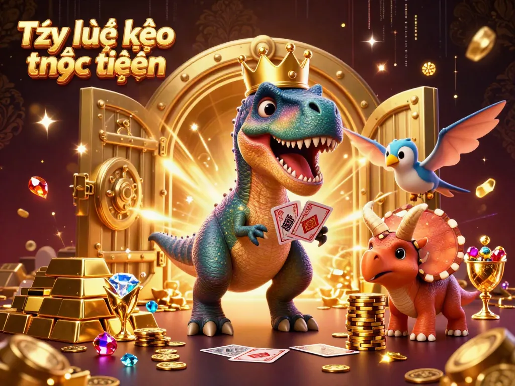 Engaging scene illustrating Tỷ lệ kèo trực tuyến with a T-Rex shuffling cards while a triceratops stacks golden chips.