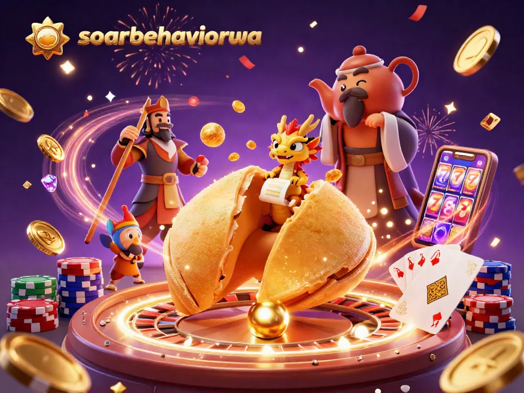 Engage with soarbehaviorwa's thrilling casino vibes featuring a golden cookie and dragon amidst dynamic gaming elements.