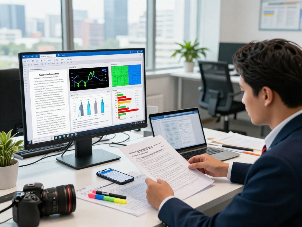Document fraud detection analysis showcasing compliance officer reviewing digital documents with forensic charts in a modern office.