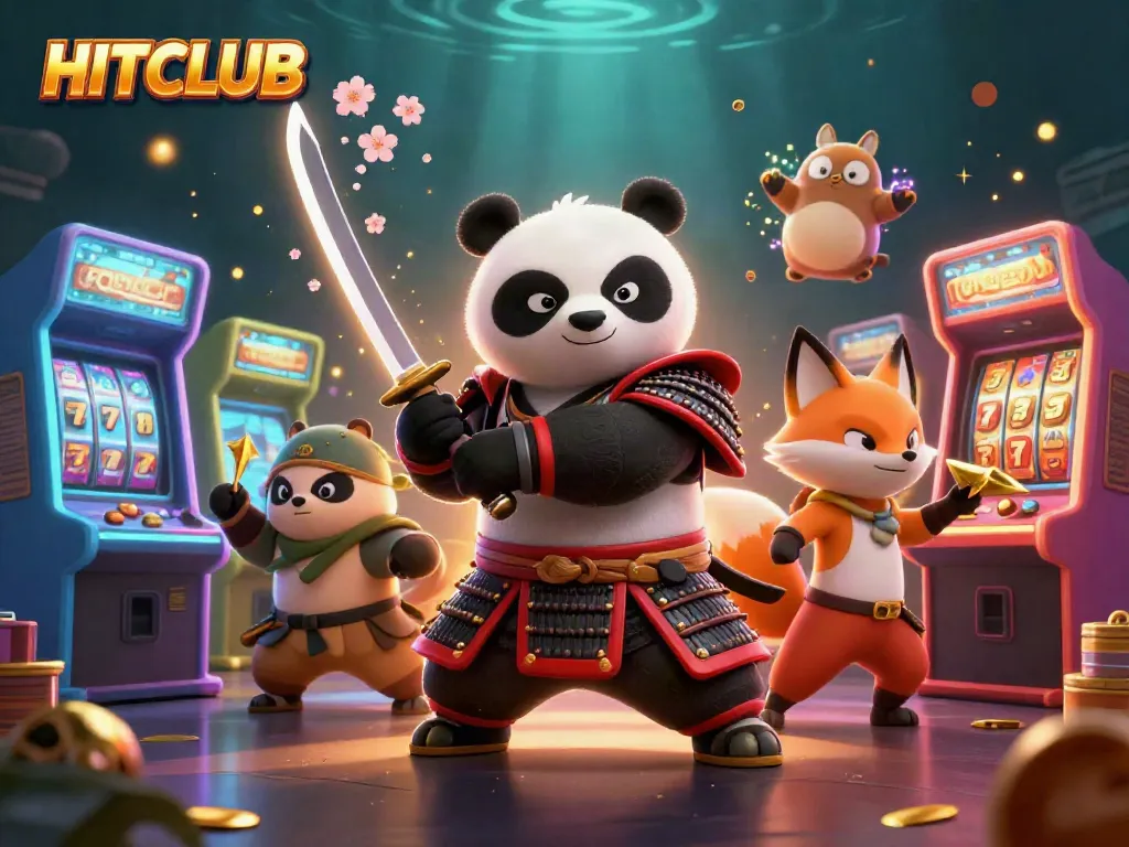 Engage with HITCLUB in this vibrant, dynamic 3D casino scene featuring samurai panda and ninja fox.