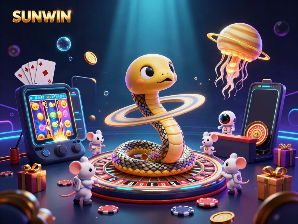 Experience the excitement of SUNWIN as astronaut mice bet on Saturn's roulette rings amidst cosmic gaming elements.