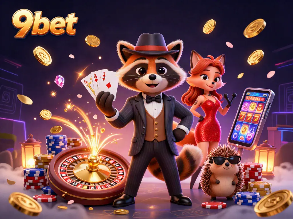 Experience the excitement of 9bet with a suave raccoon, a charming fox, and a hedgehog amid casino thrills.