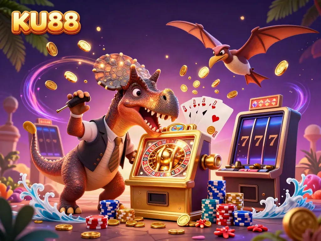 KU88 slot adventure as a pachycephalosaurus triggers a jackpot, coins flying in excitement.