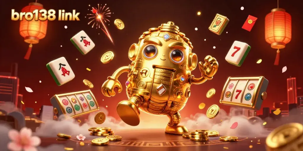 Experience thrilling slots action with bro138 link in this vibrant casino-themed 3D illustration.