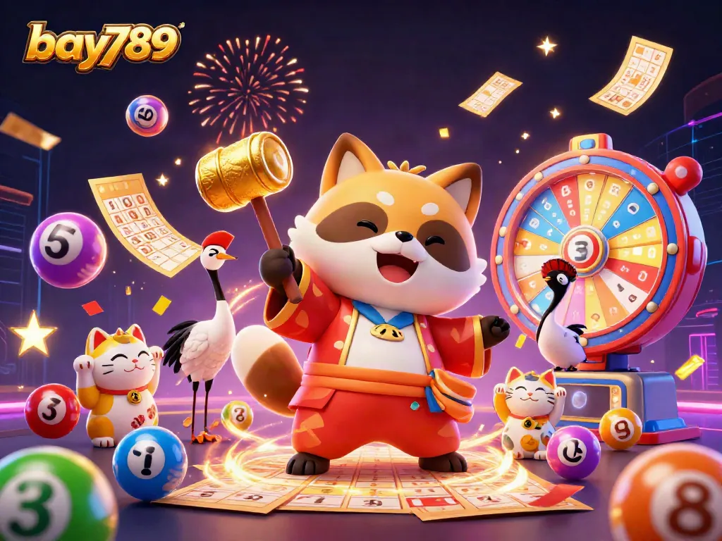 Experience the excitement of bay789 with a vibrant festival scene featuring a cheerful tanuki, colorful lottery elements, and lucky symbols.