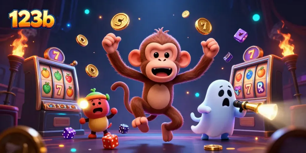 Experience thrilling moments at 123b, with golden coins and playful characters in a haunted casino scene.