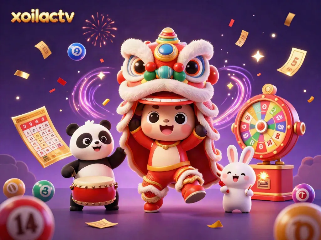 Experience the excitement of xoilactv with vibrant colors, lottery elements, and festive characters in action.