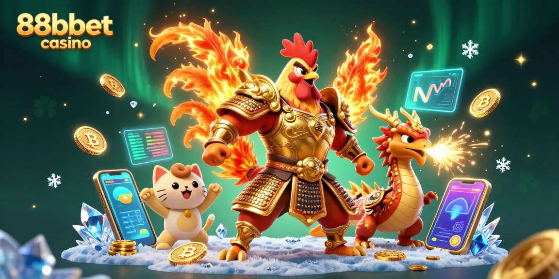 Khám phá 88bbet casino với hình ảnh hòa trộn giữa chiến binh gà đấu và rồng, đại diện cho sự mạnh mẽ và may mắn.