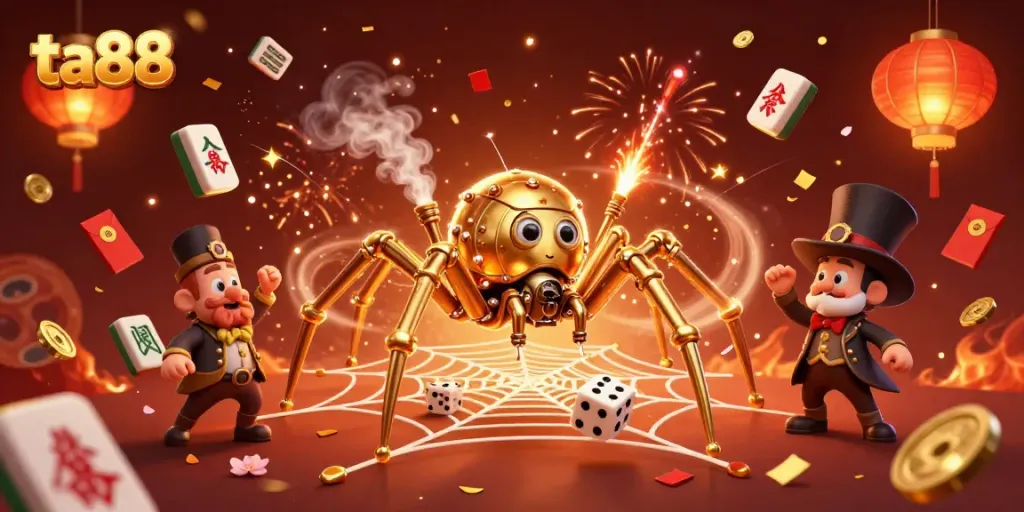 Experience thrilling gaming at ta88, where a steampunk spider spins lucky webs in this vibrant casino art.