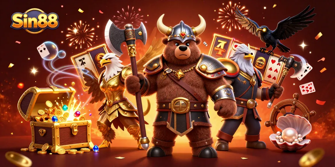 Sin88 slots feature a Viking bear and Valkyrie eagle surrounded by treasures and gaming elements.