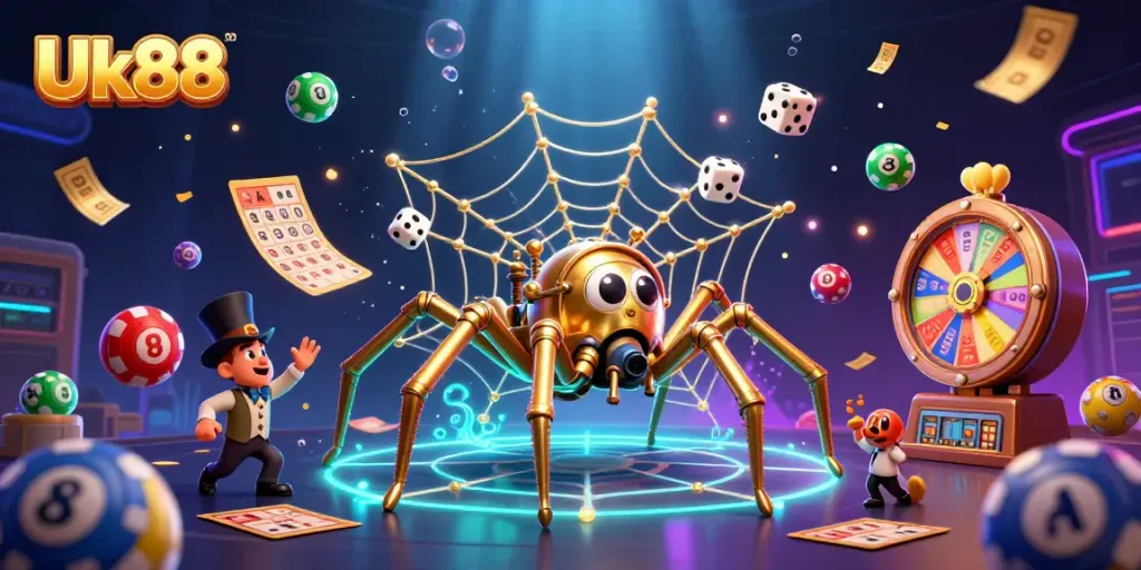 Engage with Uk88's thrilling casino experience featuring a golden spider and dynamic lottery elements.