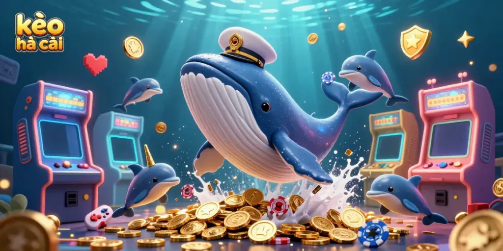 Engage with kèo nhà cái in a vibrant underwater scene featuring a cartoon whale and playful dolphins.
