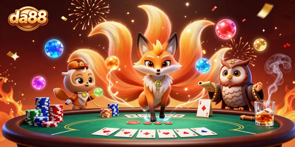 Experience thrilling poker action with da88, featuring a colorful nine-tailed fox and wise owl in a vibrant casino.