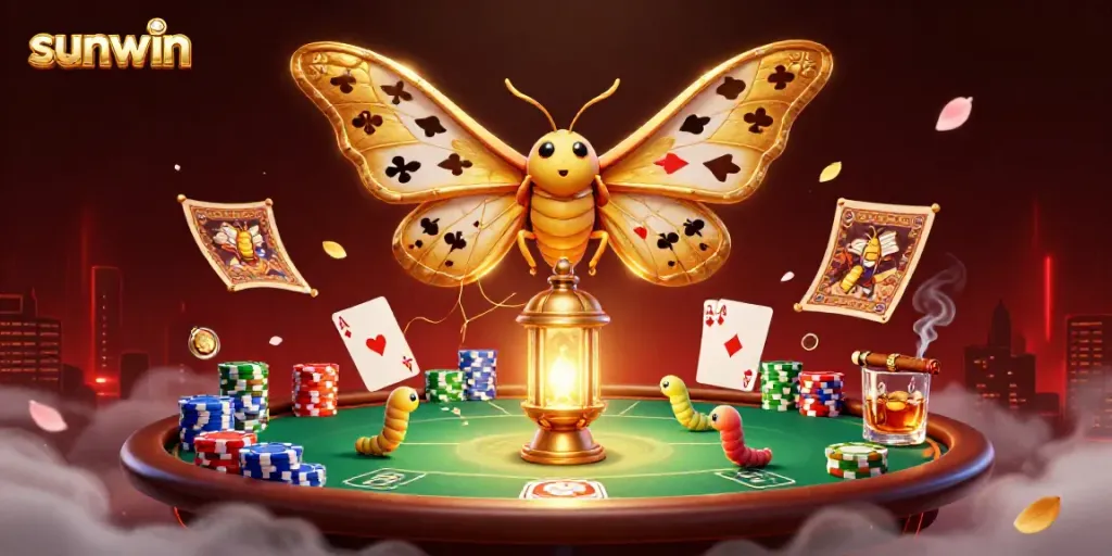 Experience the excitement of sunwin gaming with a vibrant illustration of a majestic moth among casino elements.