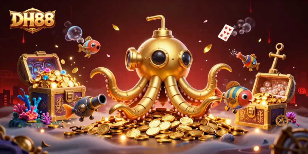 Play thrilling DH88 slots with a golden kraken submarine and treasures bursting from the depths.
