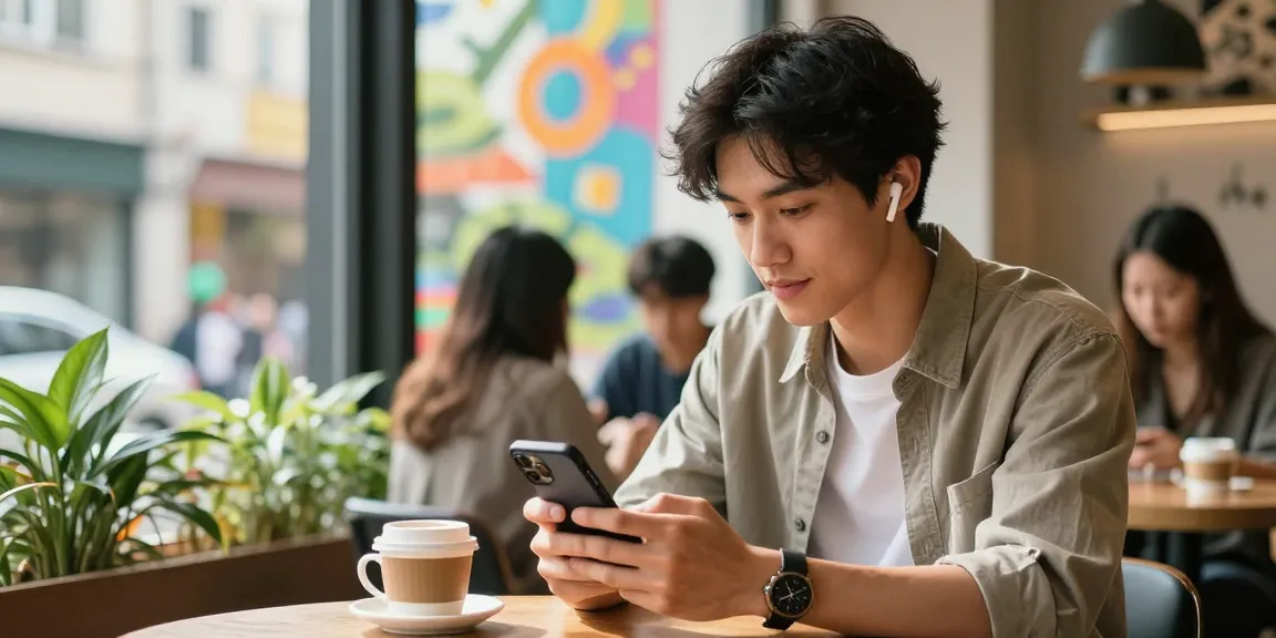Männliche Instagram Follower kaufen: Modischer Mann in einem Café, der seine Instagram-Metriken überprüft.