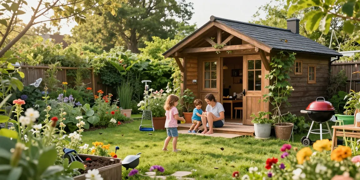 Hölzernes Gartenhaus im Grünen mit Familie beim Spielen und Entspannen.